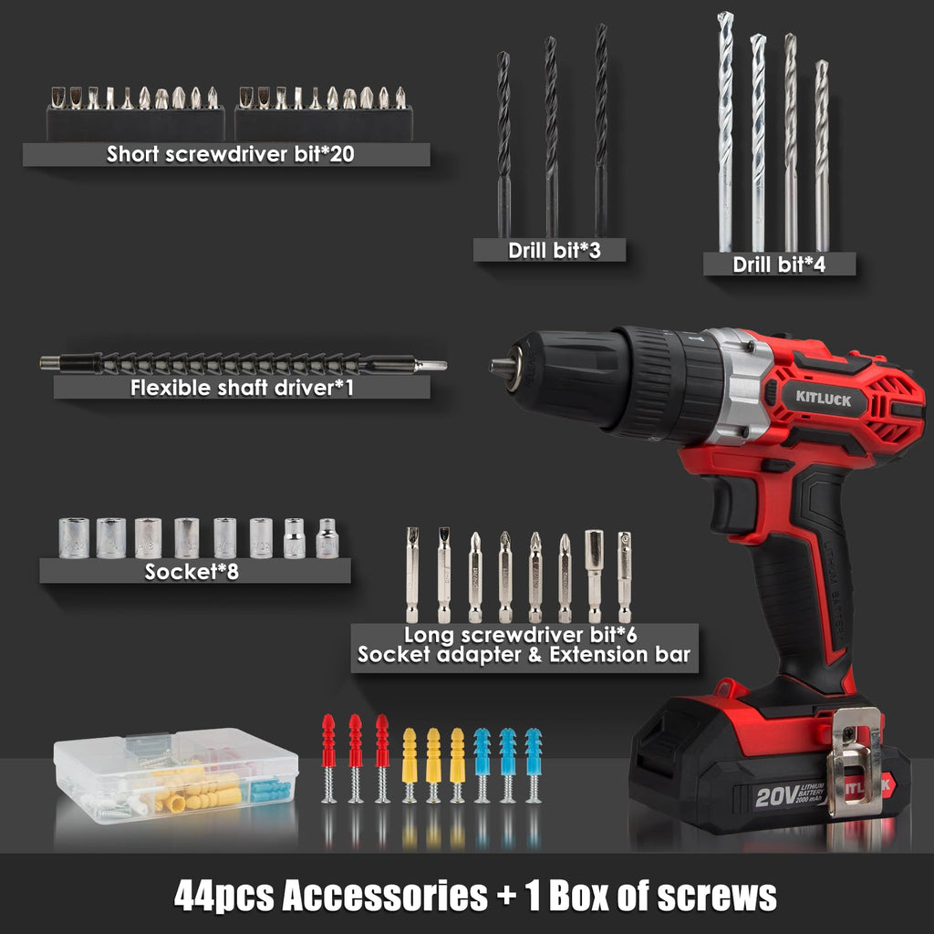 Cordless Drill Set 20V 2 Battery 44pcs Bits 3/8'' Chuck W2542