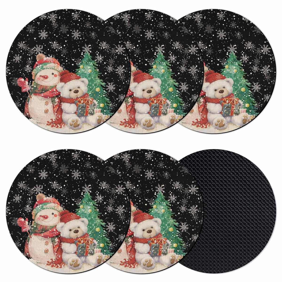 Christmas Coasters Set of 6 Black Silicone Non-Slip W435814