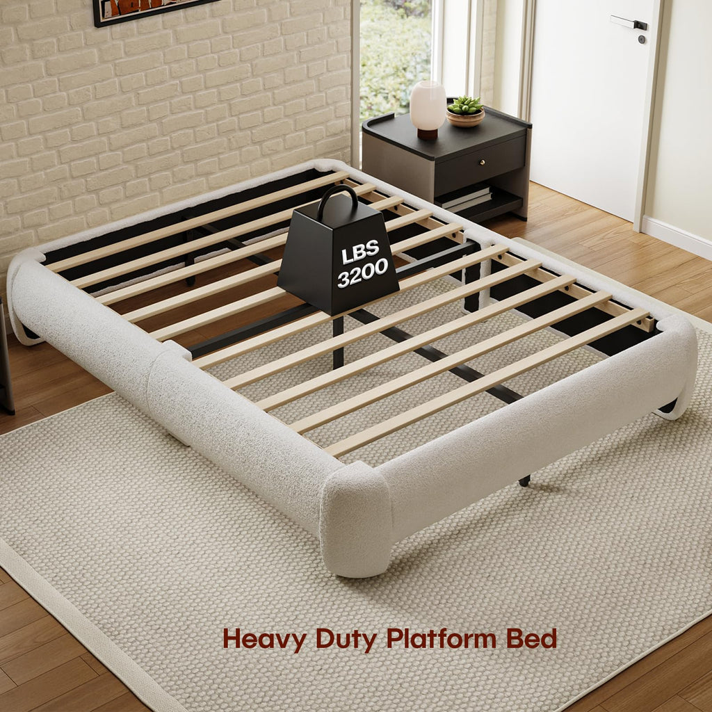 Queen Size White Boucle Upholstered Bed Frame T718806