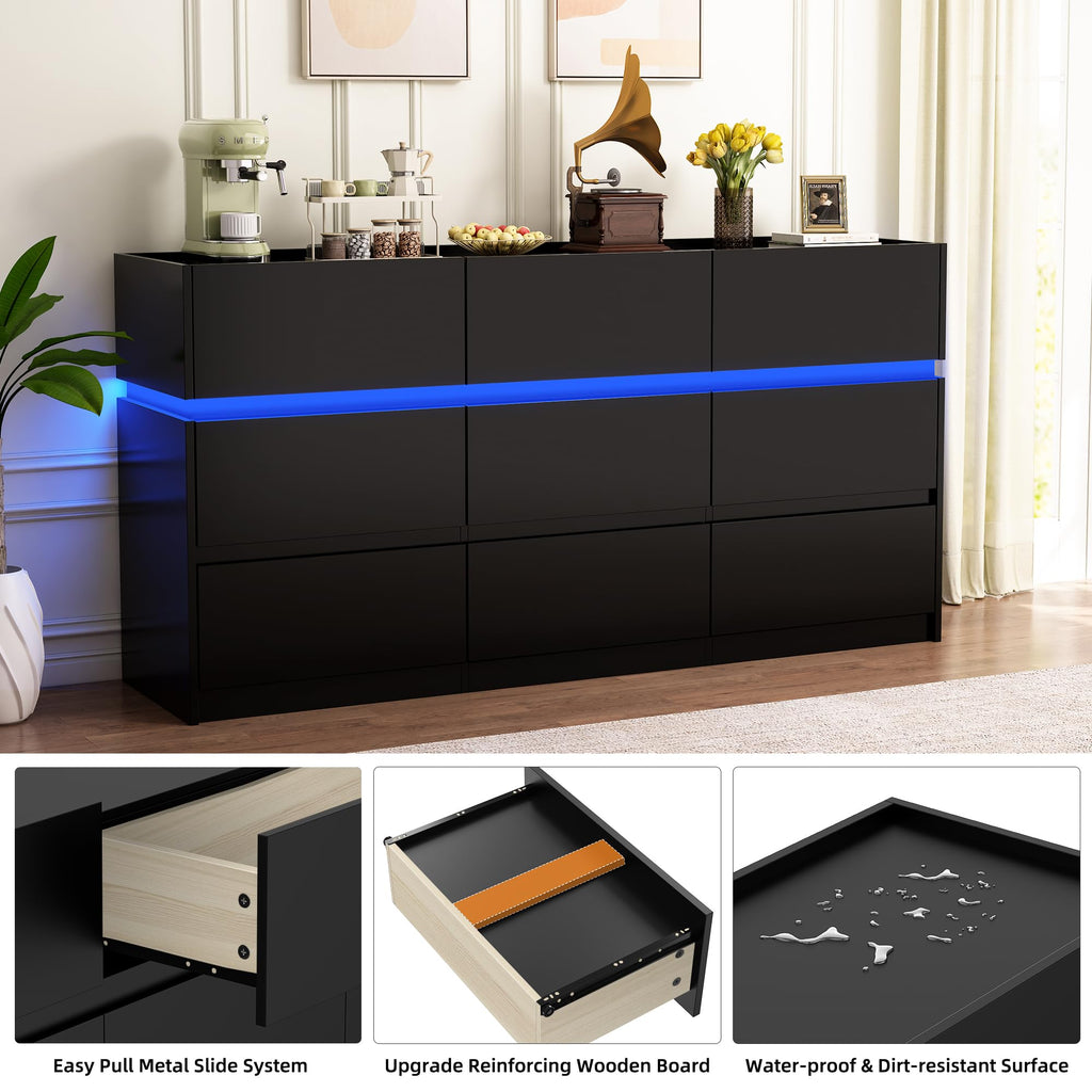Black 9 Drawer Dresser with Charging Station and LED Lights F403