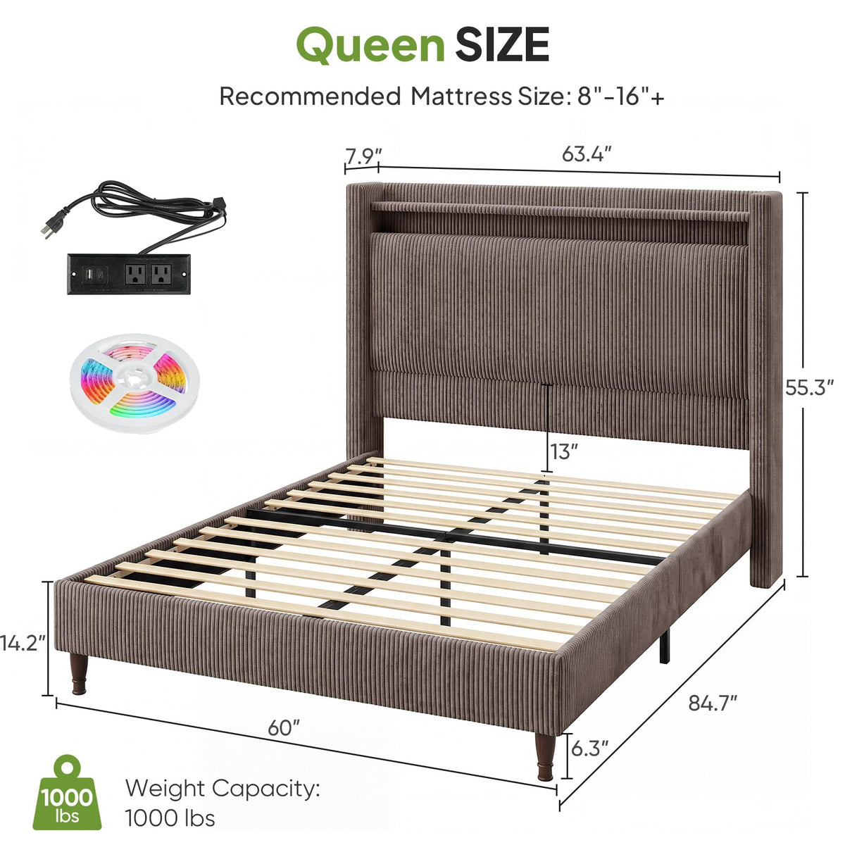 Queen Size Corduroy Upholstered Bed Frame C430