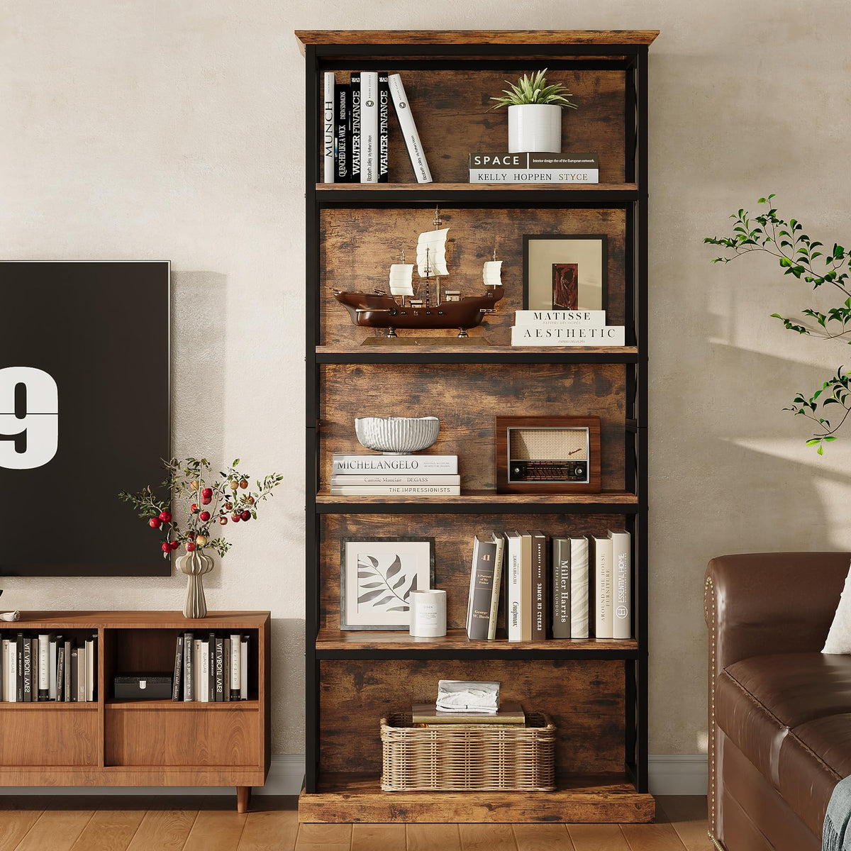 71 Inch 5 Tier Rustic Wood Bookshelf A711344
