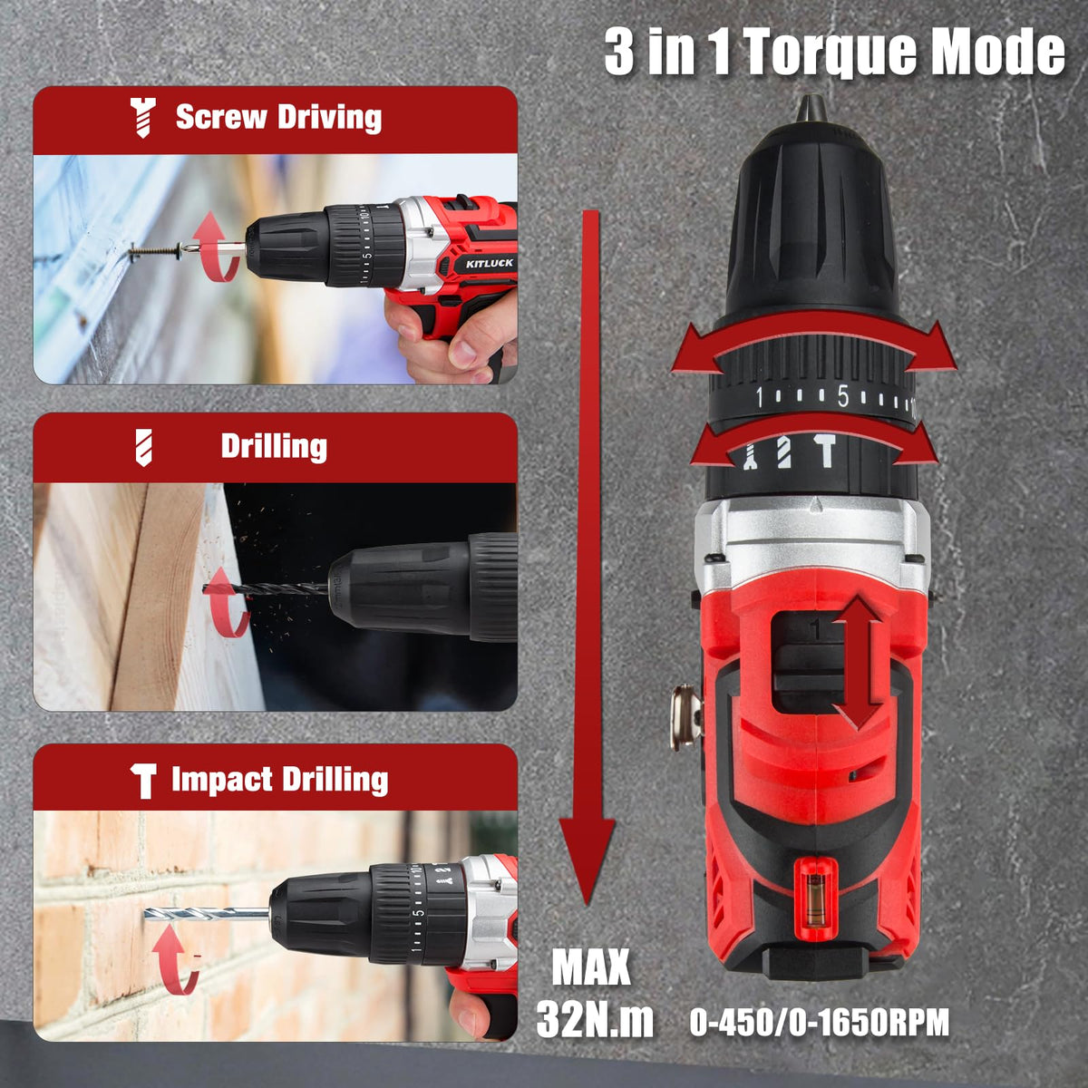 Cordless Drill Set 20V 2 Battery 44pcs Bits 3/8'' Chuck W2542
