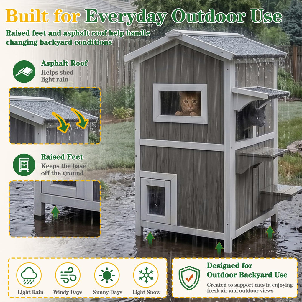 Weatherproof 2-Story Outdoor Cat House with Feeding Station Z7282