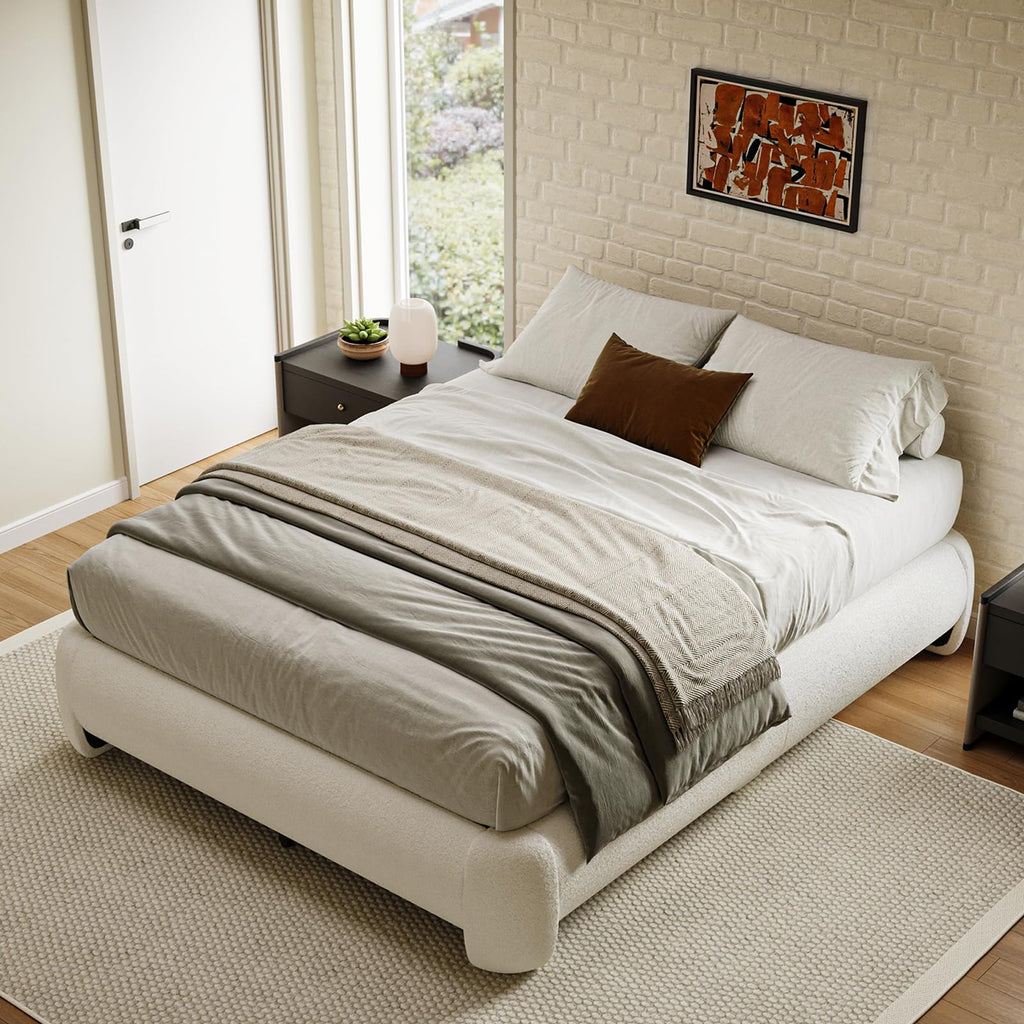 Queen Size White Boucle Upholstered Bed Frame T718806