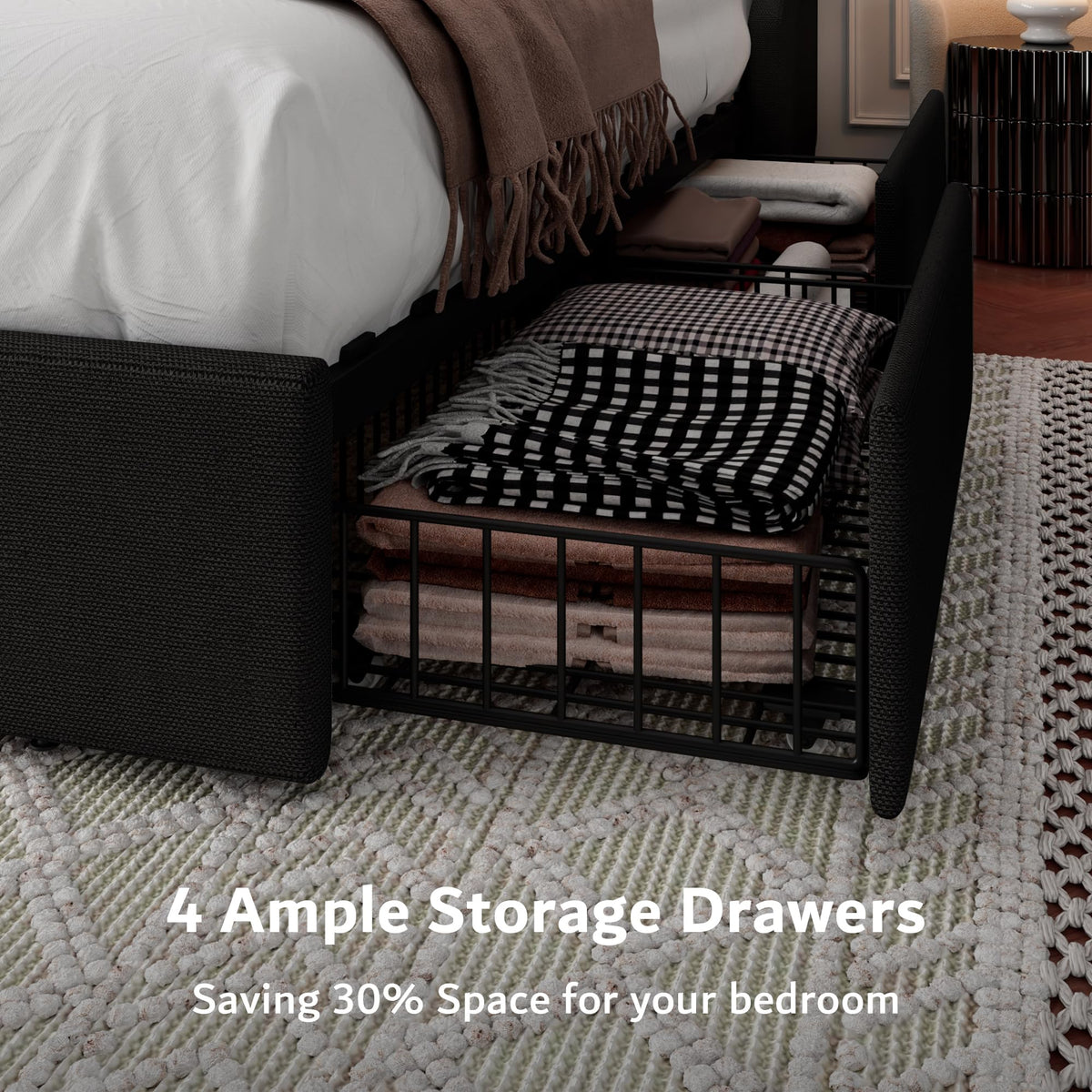 Black Queen Upholstered Platform Bed Frame with 4 Storage Drawers V742887
