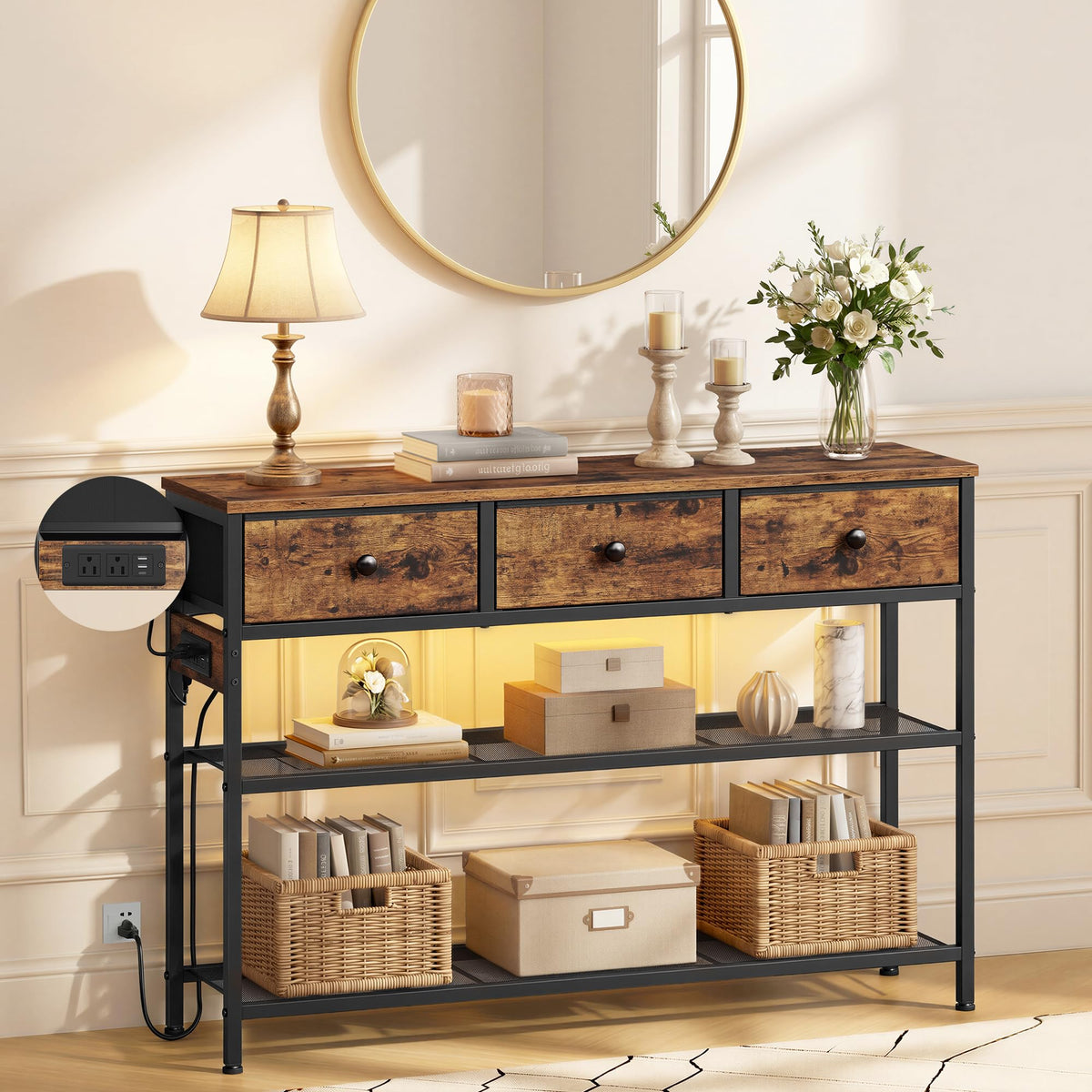 Console Table with Power Outlets and LED Lights X384