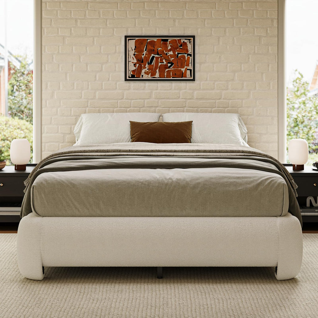 Queen Size White Boucle Upholstered Bed Frame T718806