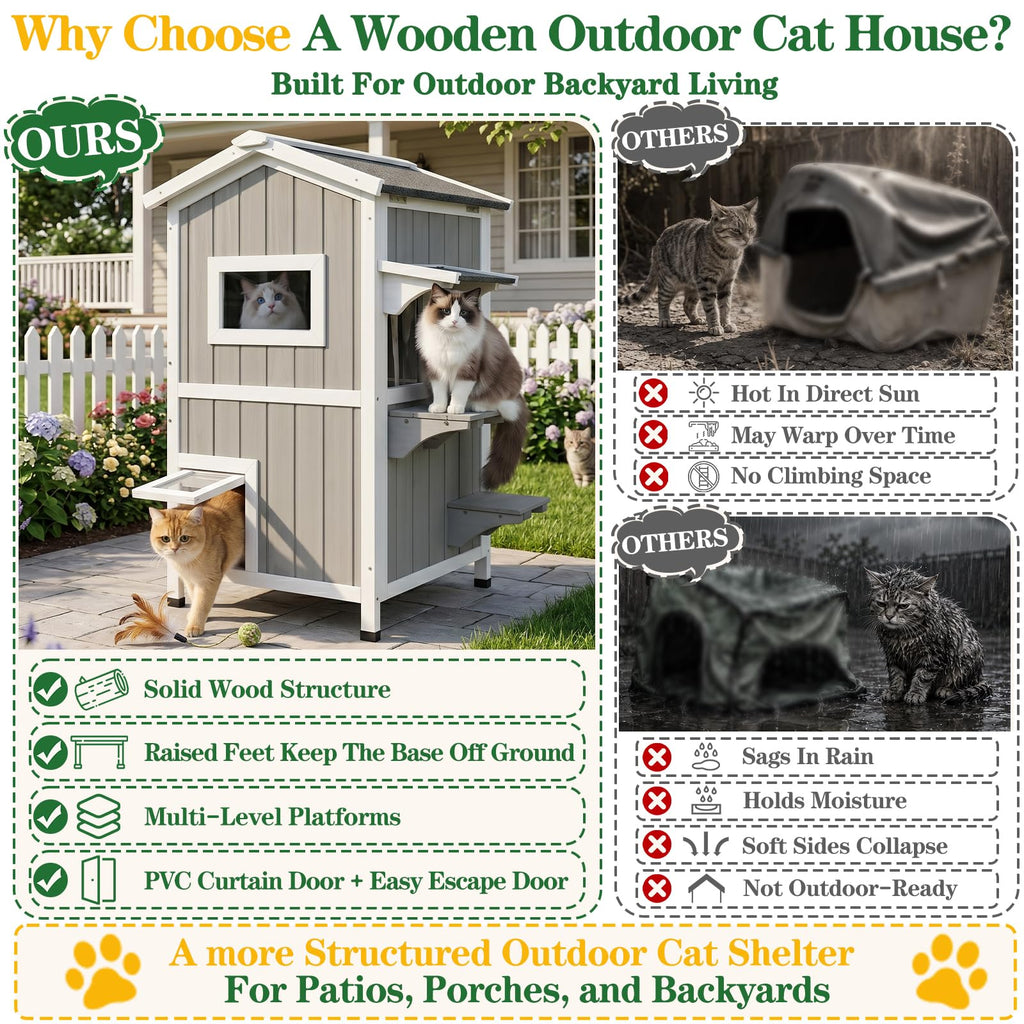 Weatherproof 2-Story Outdoor Cat House with Feeding Station Z7282