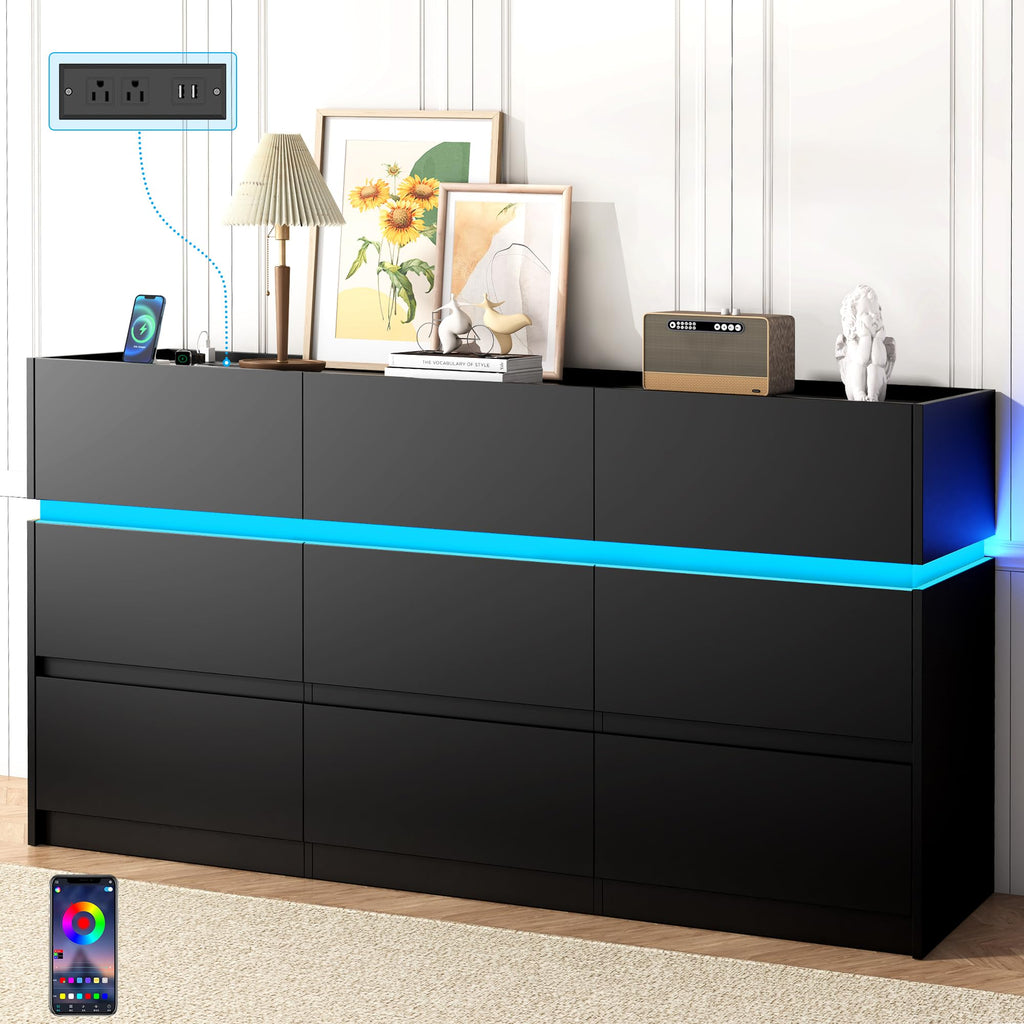 Black 9 Drawer Dresser with Charging Station and LED Lights F403