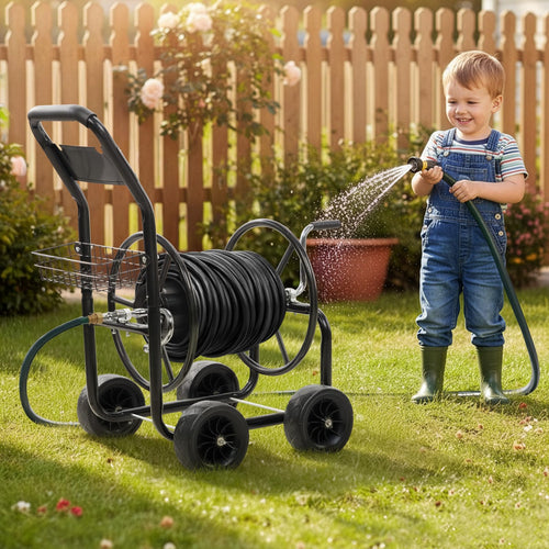 4-Wheel Portable Garden Hose Reel Cart with Storage Basket S3373