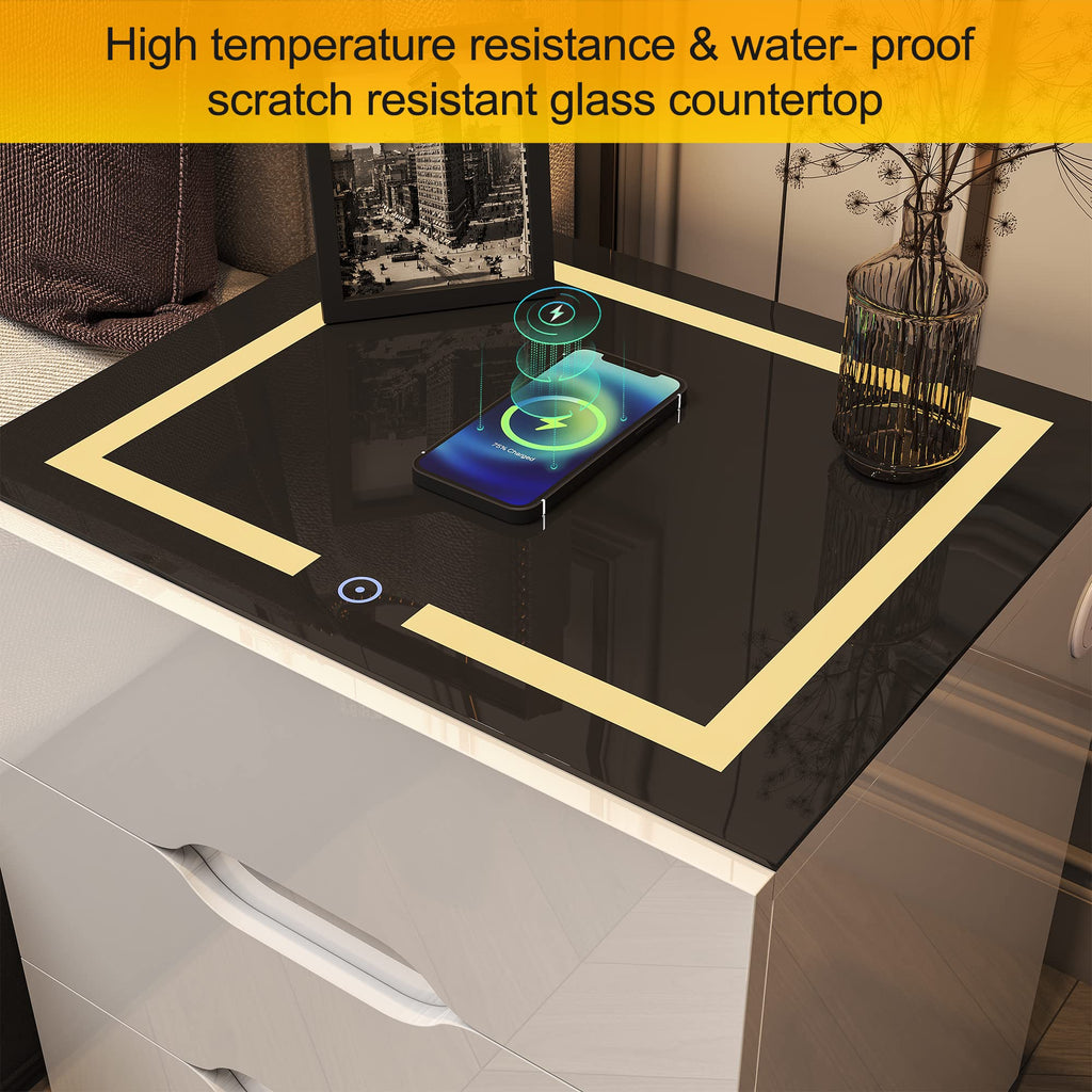 White Smart Nightstand with Wireless Charging Station and 3 Drawers D588