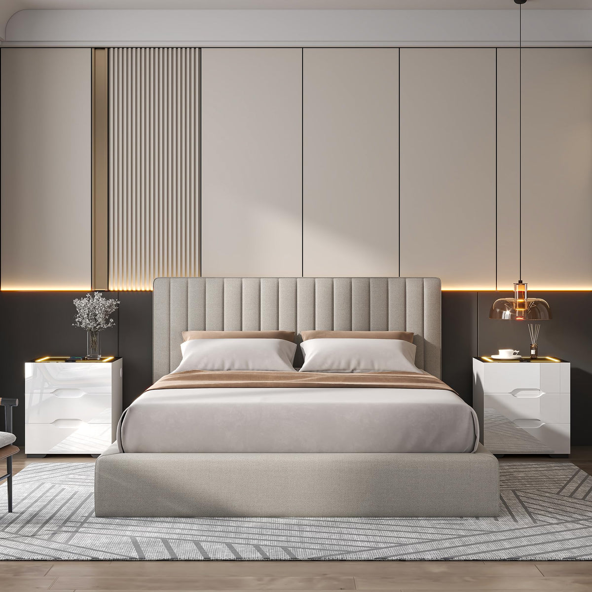 White Smart Nightstand with Wireless Charging Station and 3 Drawers D588