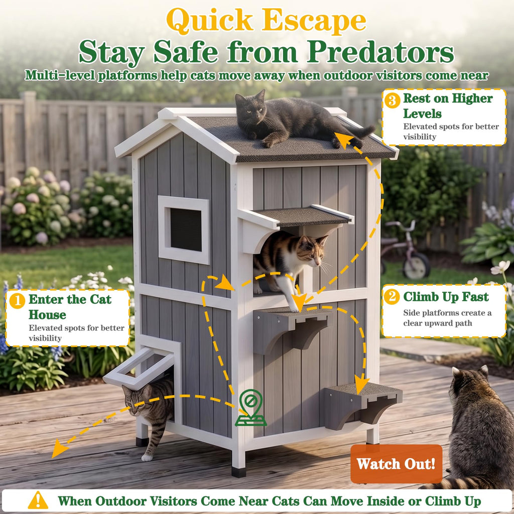 Weatherproof 2-Story Outdoor Cat House with Feeding Station Z7282