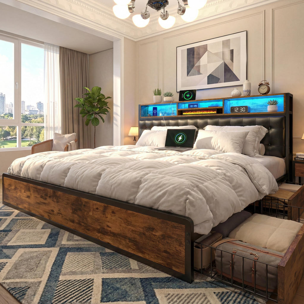King Bed Frame with 4 Drawers Y9724