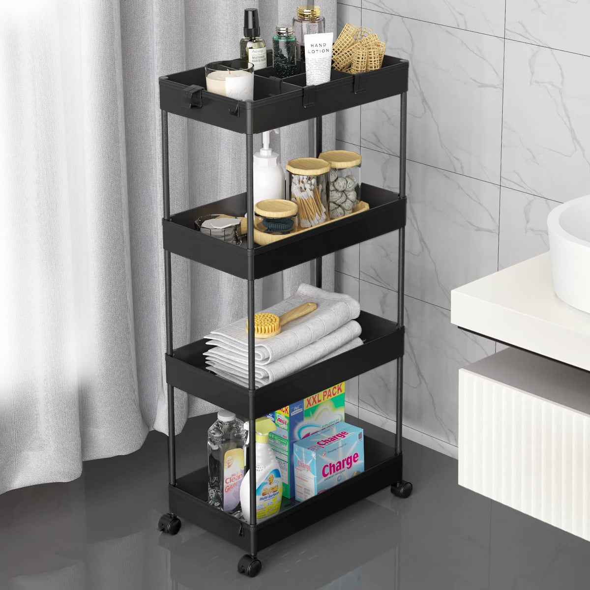 4 Tier Rolling Cart with Wheels and 3 Hanging Baskets F343367