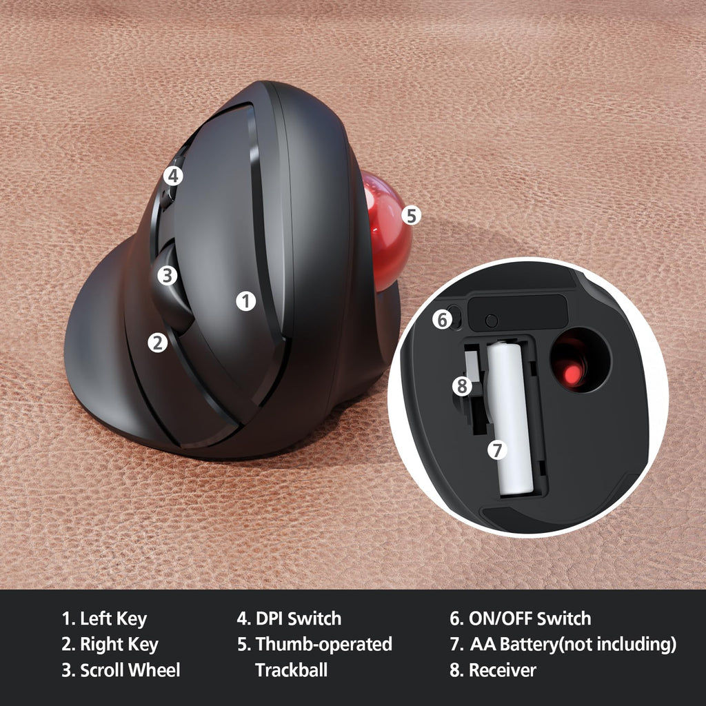 Wireless Ergonomic Trackball Mouse, 3 Adjustable DPI, Black G8101