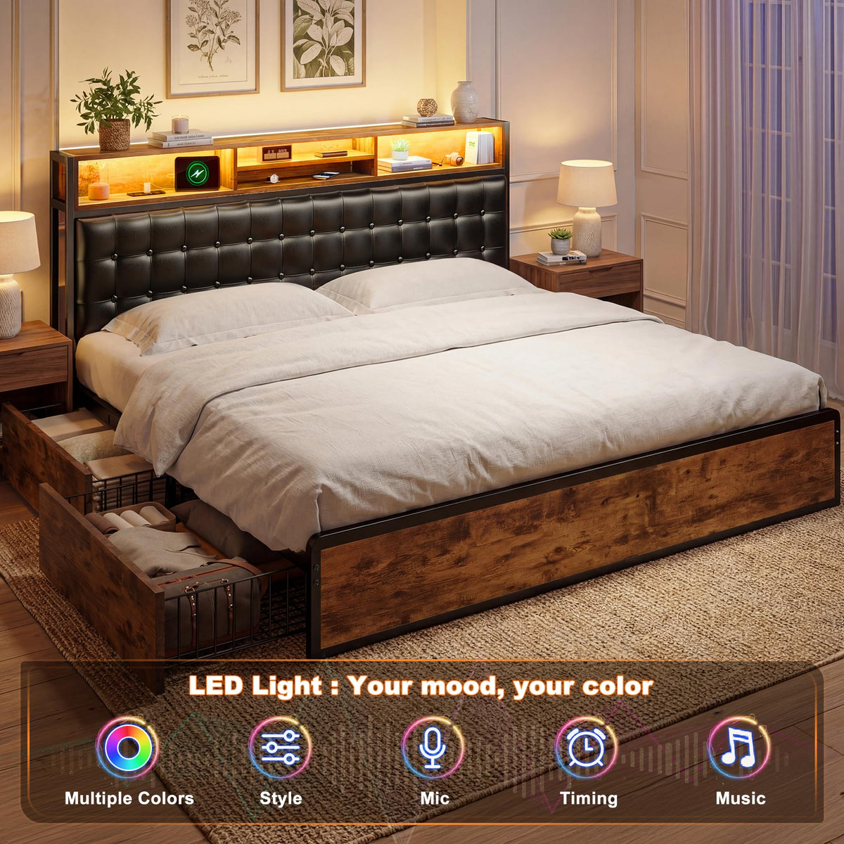 King Bed Frame with 4 Drawers Y9724