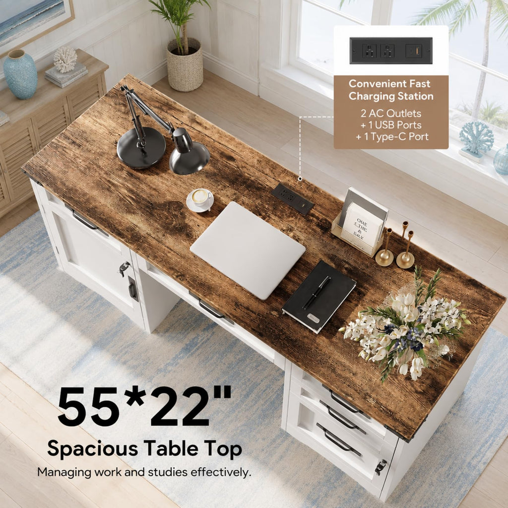 47 Inch Computer Desk with Hutch and 4 Drawers Y9284