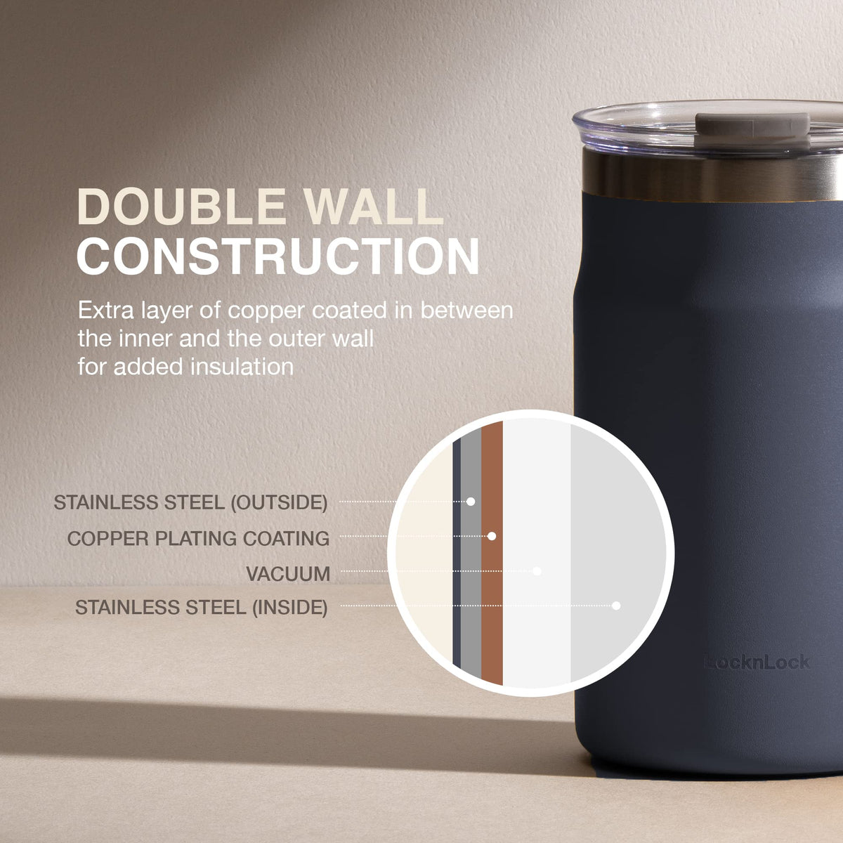 Navy 16 oz Stainless Steel Insulated Coffee Cup with Lid and Handle C80973