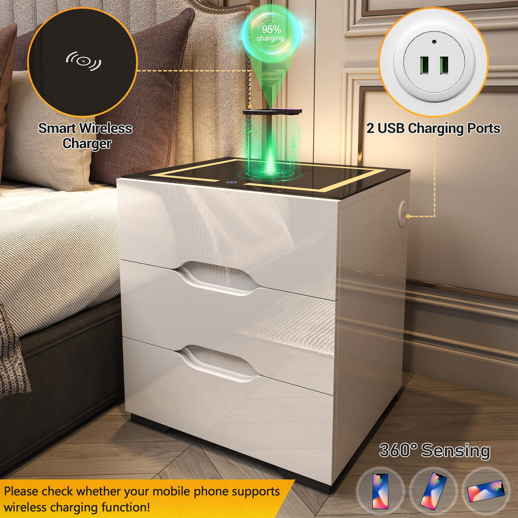 White Smart Nightstand with Wireless Charging Station and 3 Drawers D588