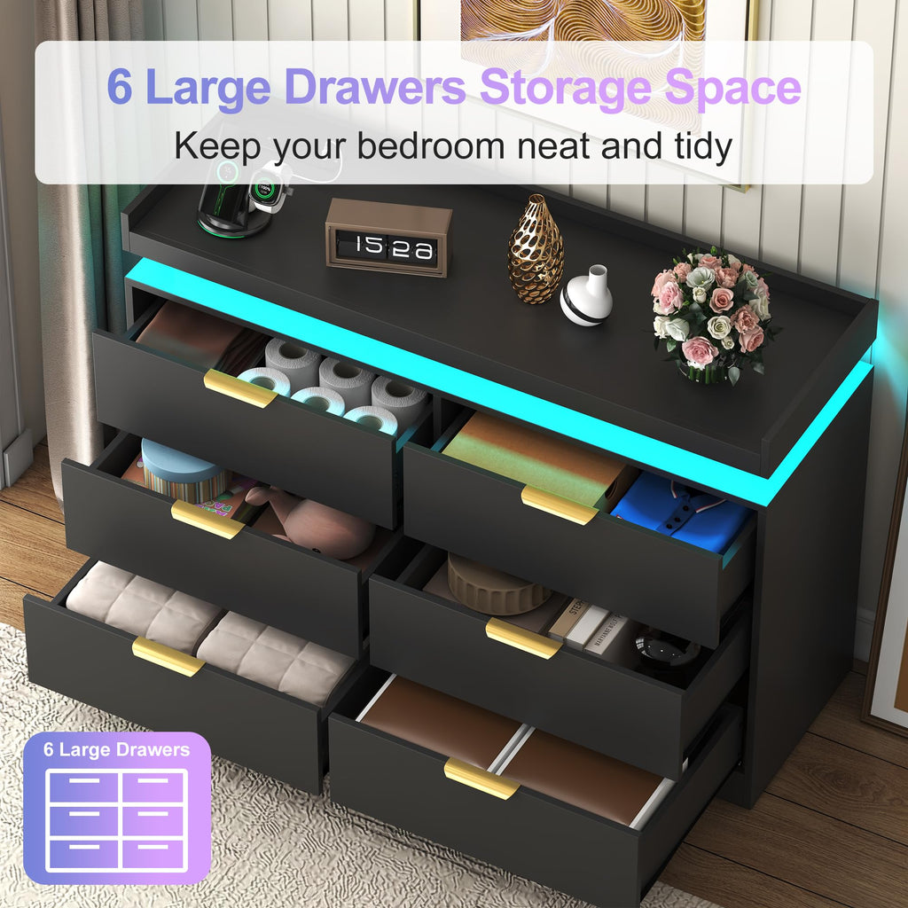 Black 6 Drawer Wood Dresser with LED Lights and Power Outlet V9679