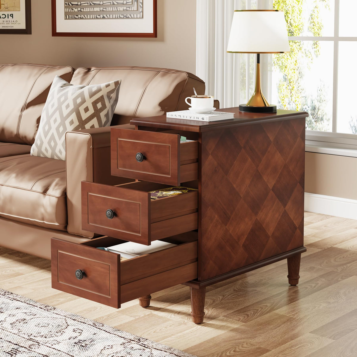 Fully Assembled Set of 2 Narrow 3 Drawer Brown End Table U9719