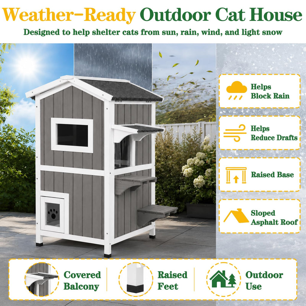 Weatherproof 2-Story Outdoor Cat House with Feeding Station Z7282