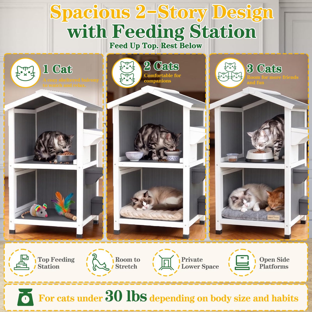 Weatherproof 2-Story Outdoor Cat House with Feeding Station Z7282
