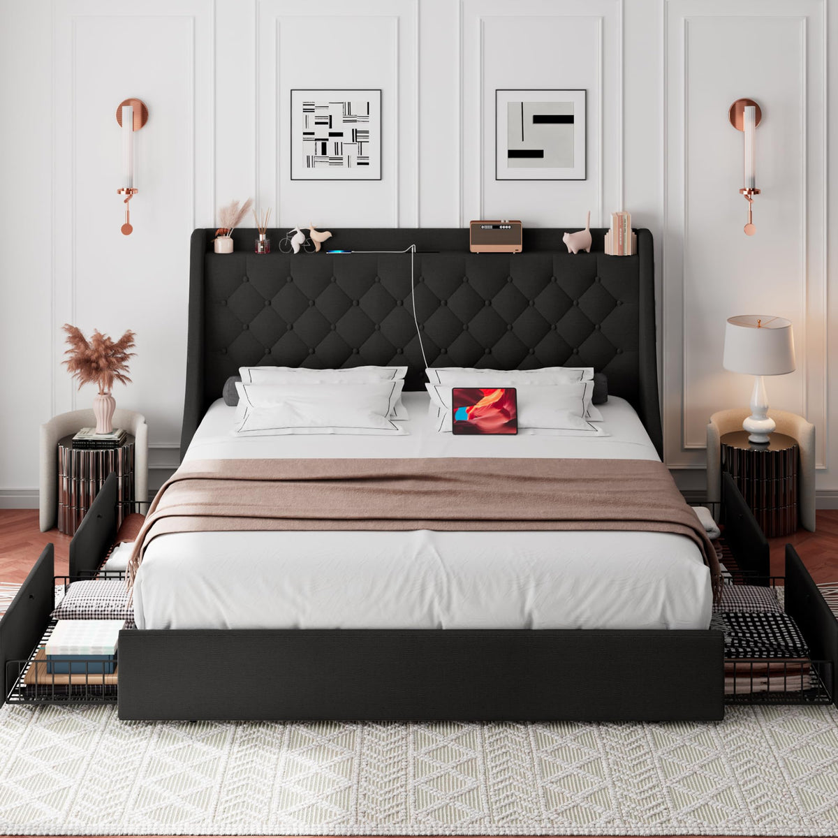 Black Queen Upholstered Platform Bed Frame with 4 Storage Drawers V742887