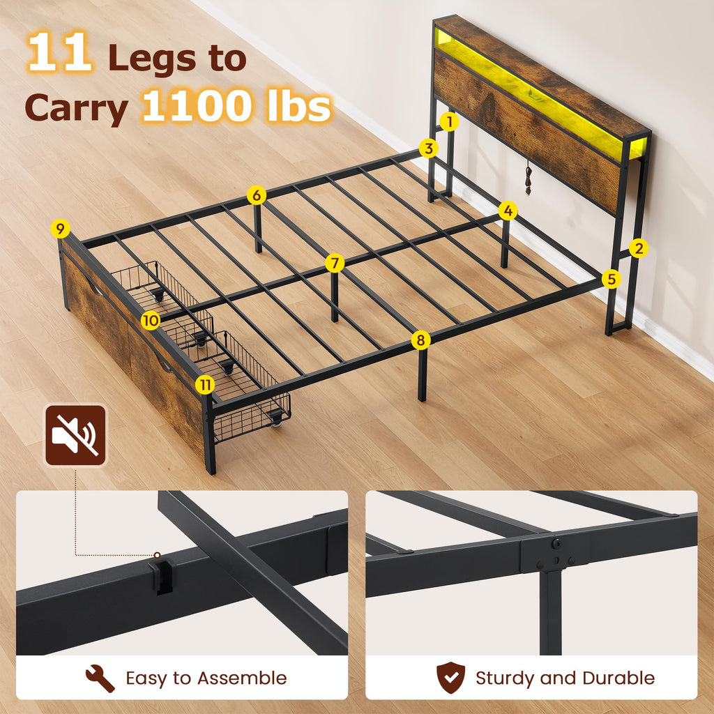 Full Size Metal Platform Bed Frame with 2 Storage Drawers G48326