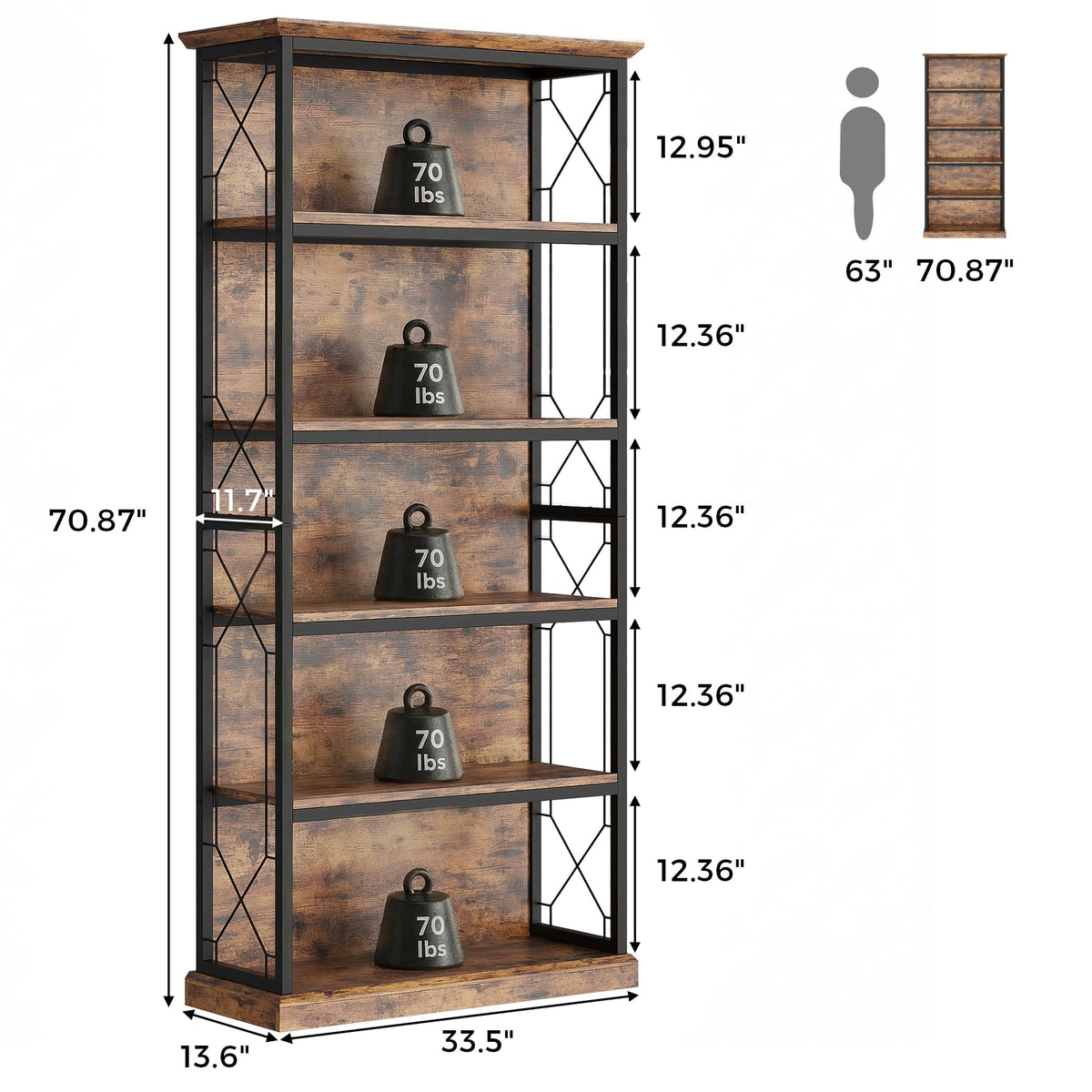 71 Inch 5 Tier Rustic Wood Bookshelf A711344