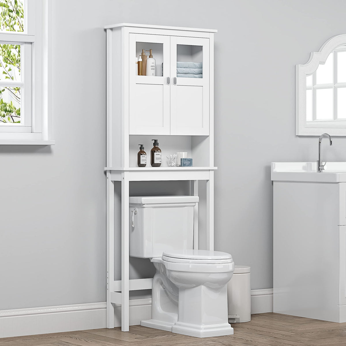 White Over the Toilet Storage Cabinet with Glass Doors H2424