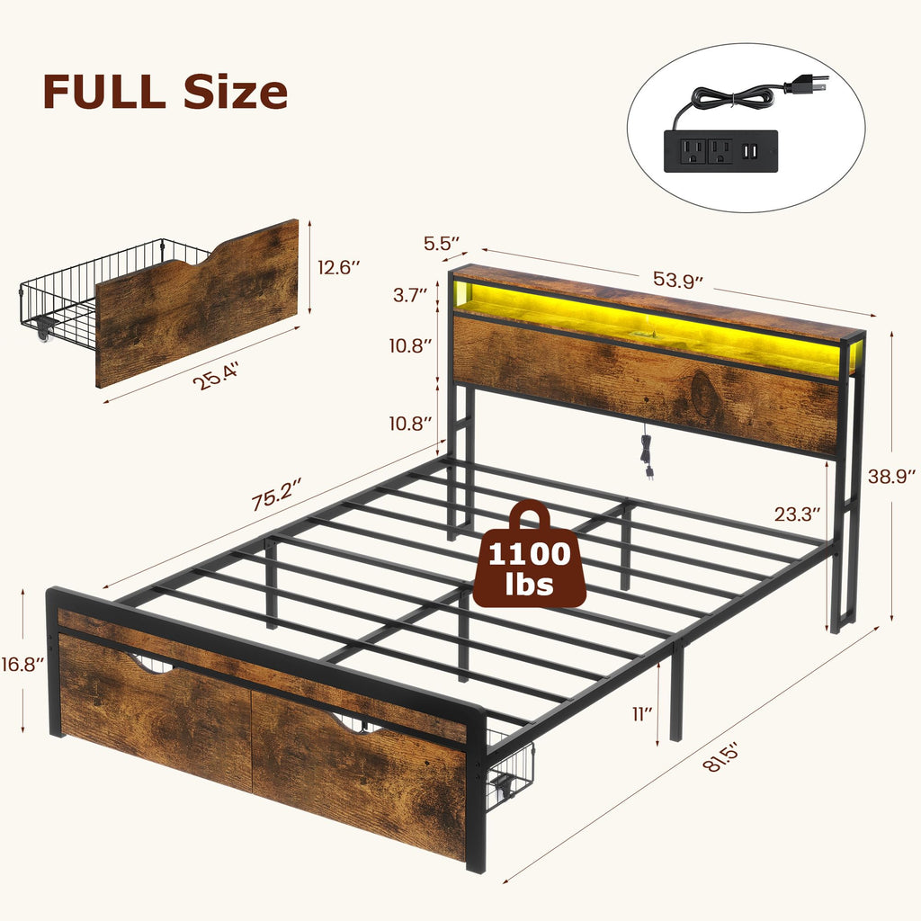 Full Size Metal Platform Bed Frame with 2 Storage Drawers G48326