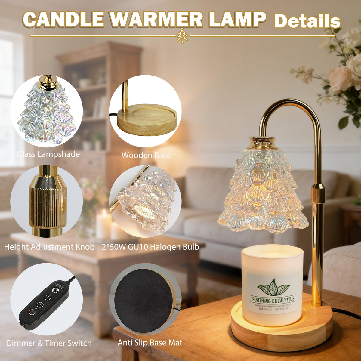 Candle Warmer Lamp with Timer Dimmable Adjustable Height O466789