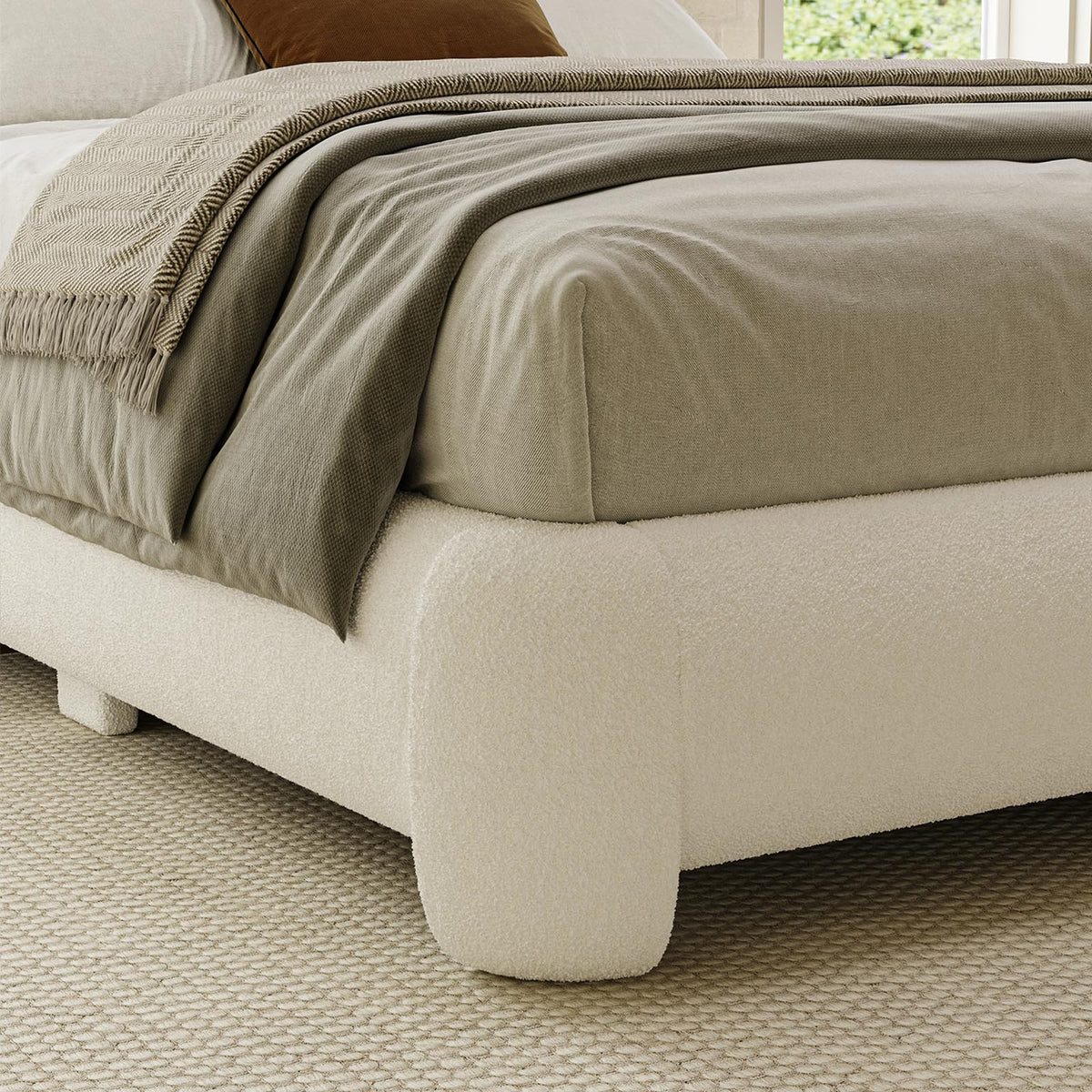 Queen Size White Boucle Upholstered Bed Frame T718806