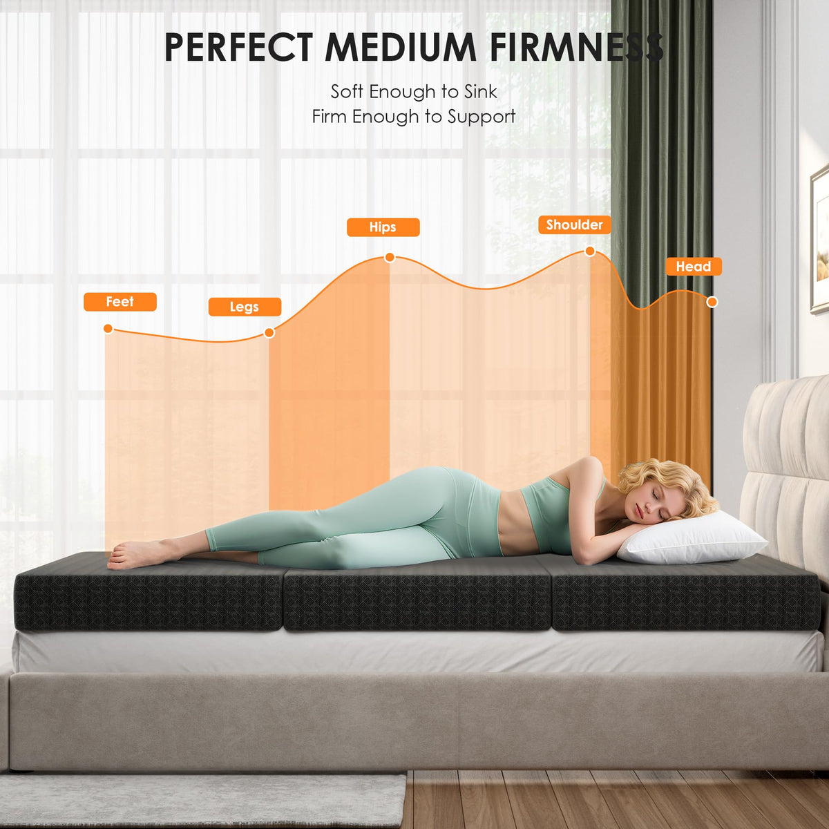 4 Inch Tri-Fold Twin Size Memory Foam Mattress with Washable Cover W8876