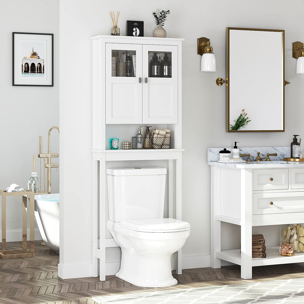 White Over the Toilet Storage Cabinet with Glass Doors H2424