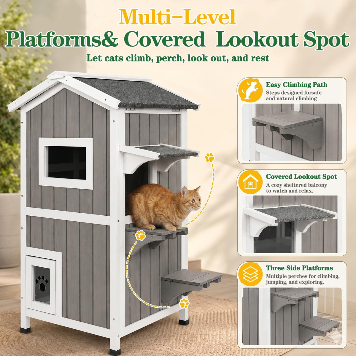Weatherproof 2-Story Outdoor Cat House with Feeding Station Z7282