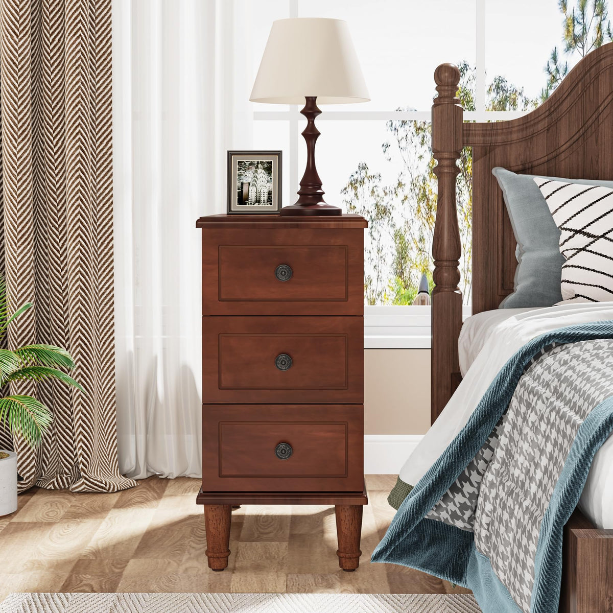 Fully Assembled Set of 2 Narrow 3 Drawer Brown End Table U9719