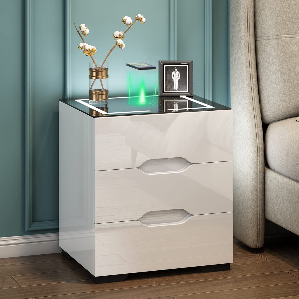 White Smart Nightstand with Wireless Charging Station and 3 Drawers D588