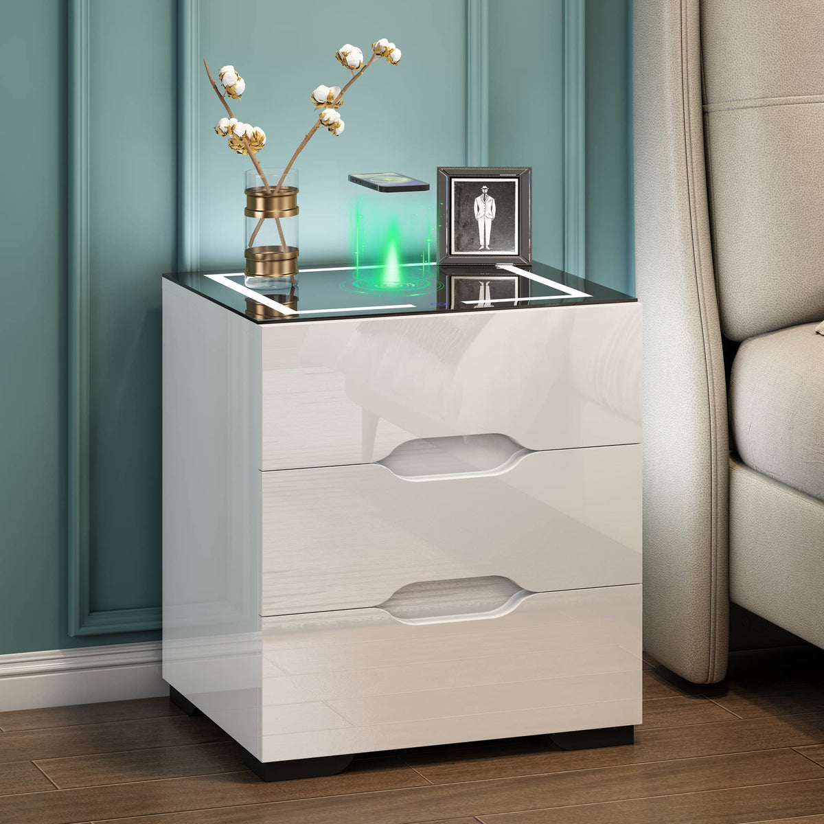 White Smart Nightstand with Wireless Charging Station and 3 Drawers D588