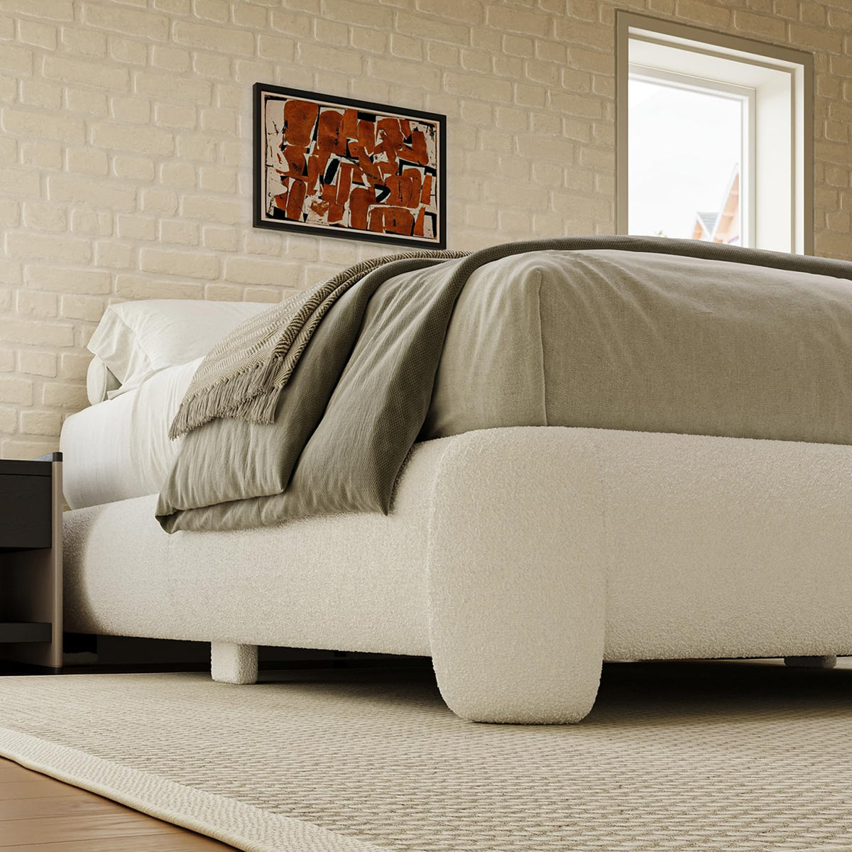 Queen Size White Boucle Upholstered Bed Frame T718806