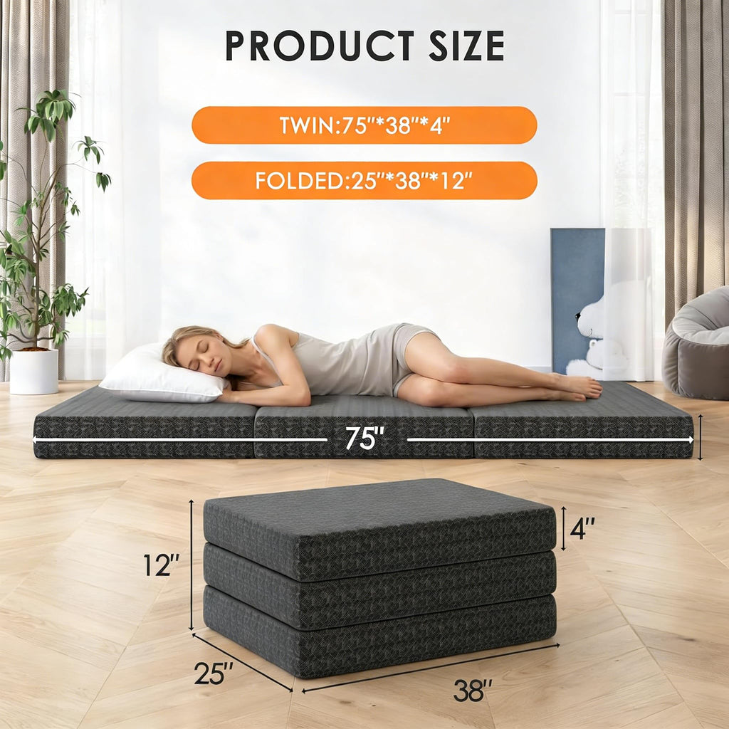 4 Inch Tri-Fold Twin Size Memory Foam Mattress with Washable Cover W8876