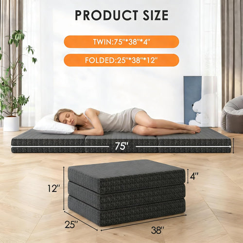 4 Inch Tri-Fold Twin Size Memory Foam Mattress with Washable Cover W8876