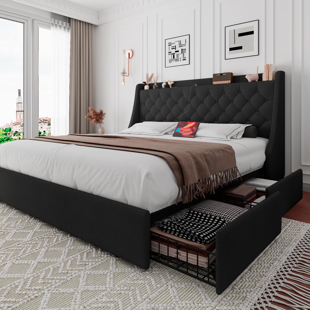 Black Queen Upholstered Platform Bed Frame with 4 Storage Drawers V742887