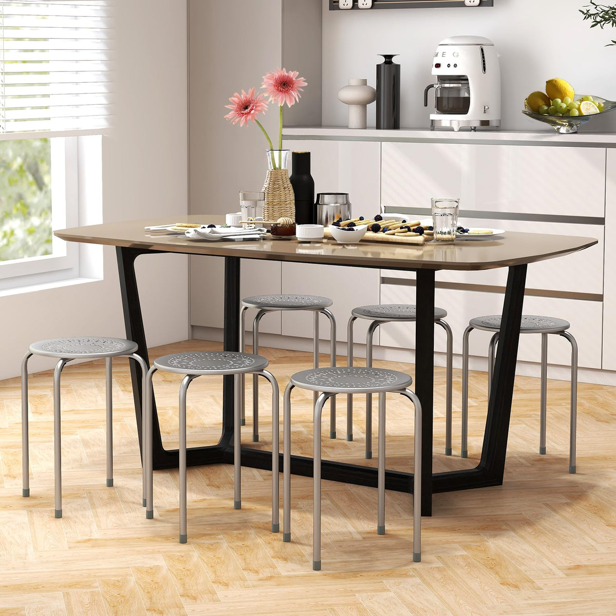 Grey 6 Pack Stackable Metal Stools O2869
