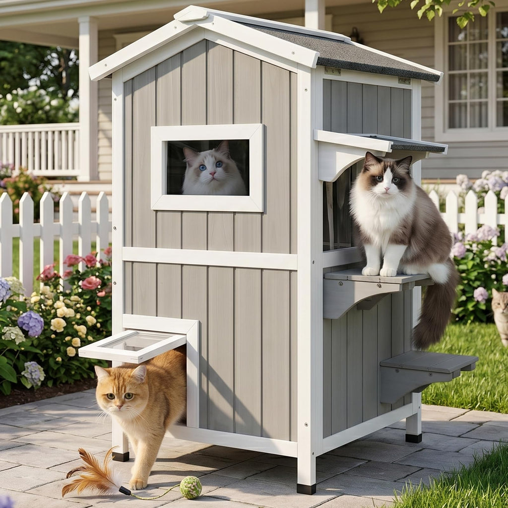 Weatherproof 2-Story Outdoor Cat House with Feeding Station Z7282