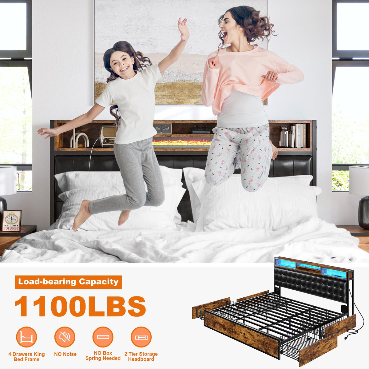 King Bed Frame with 4 Drawers Y9724