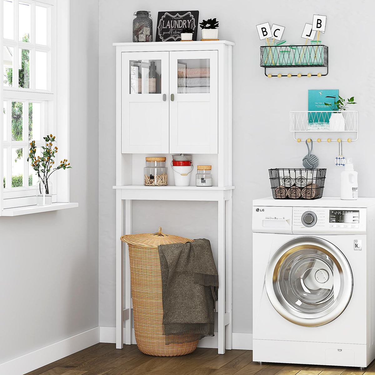 White Over the Toilet Storage Cabinet with Glass Doors H2424